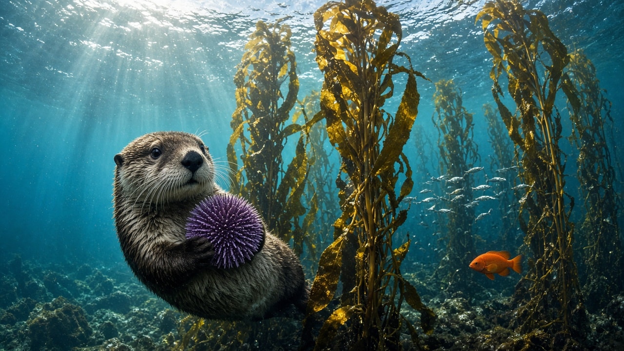 Photoreal Underwater Kelp Forest with a Sea Otter Holding a Sea Urchin