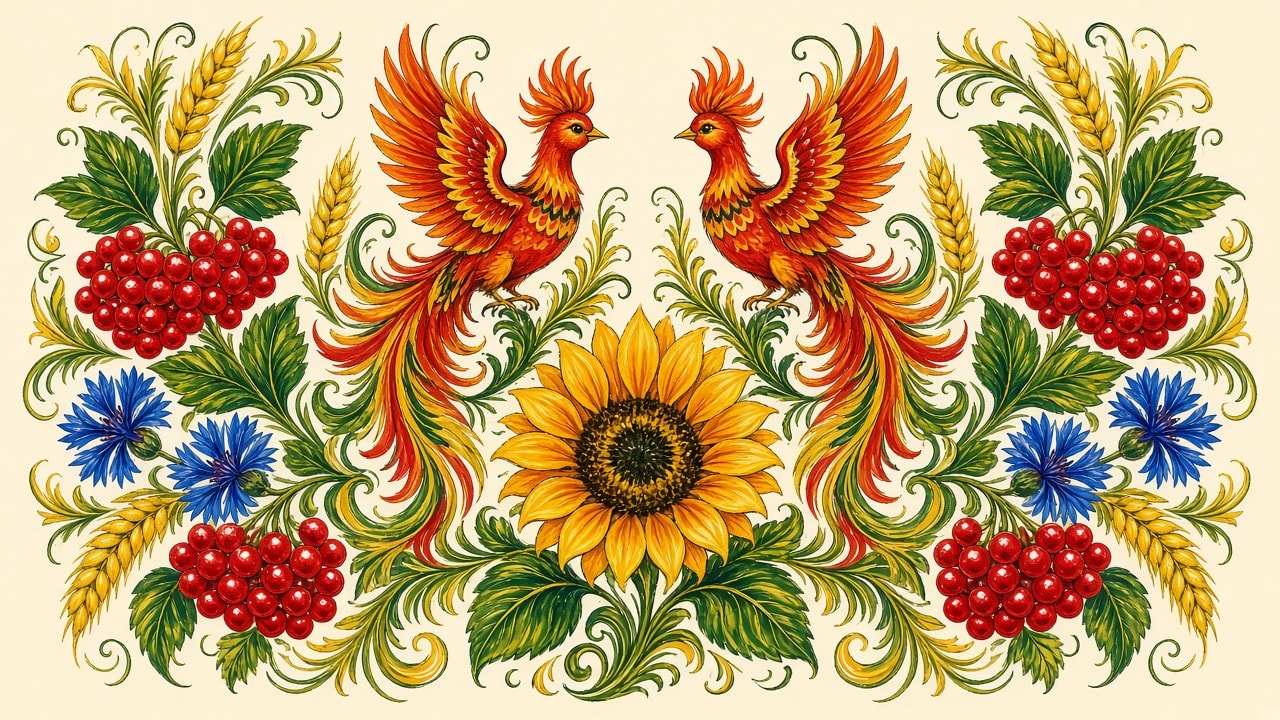Ukrainian Petrykivka Folk Painting of Twin Firebirds Above a Sunflower