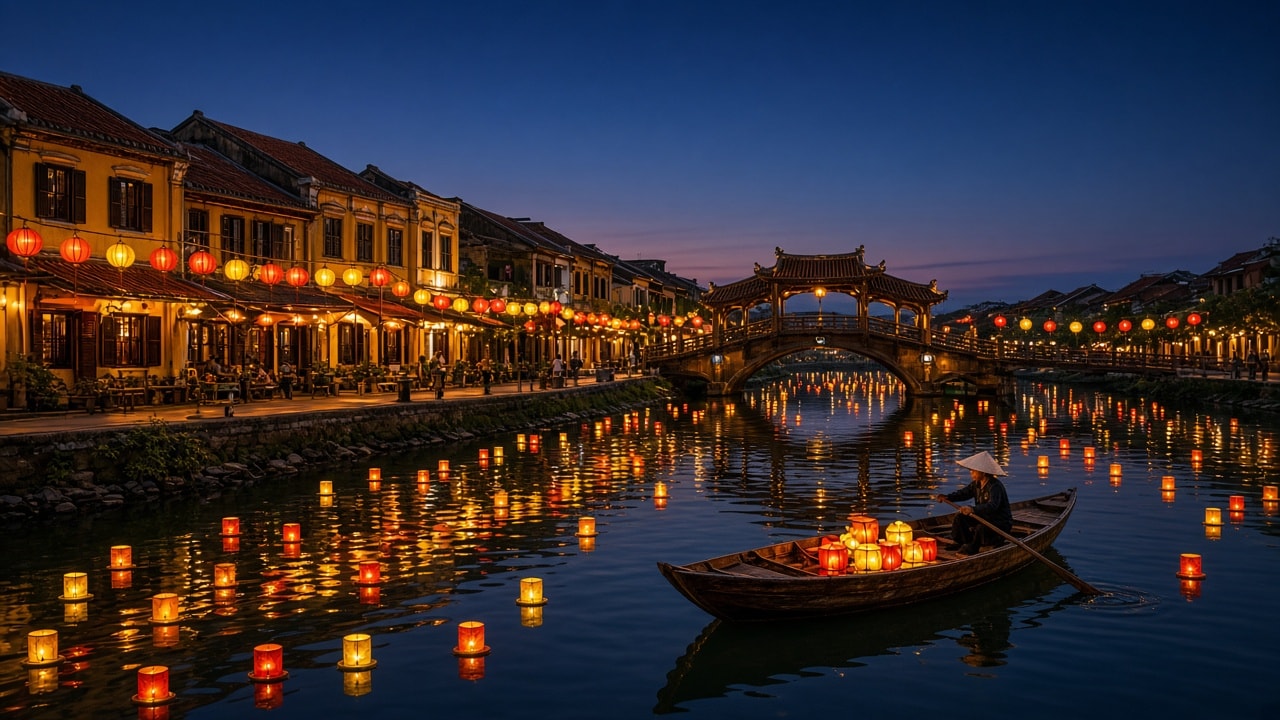 Lantern-Lit Old Town River with a Roofed Footbridge and a Rowboat at Dusk