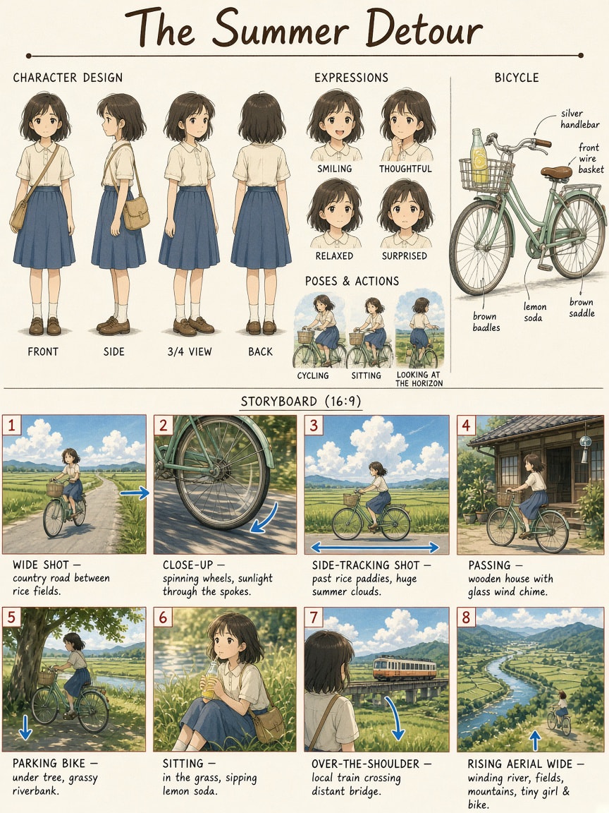 Nostalgic Anime Development Board: Character Sheet + 8-Frame Storyboard (The Summer Detour)